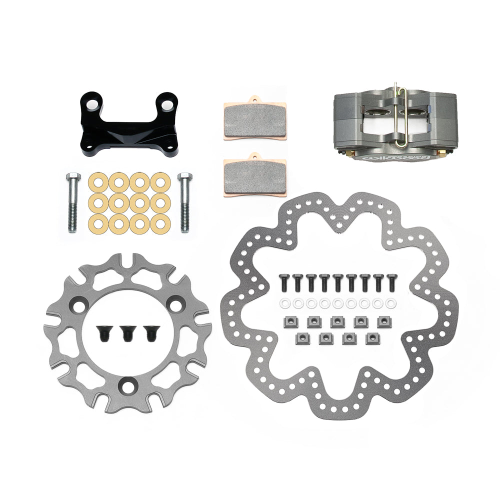 Brake System GP320 Front 4 Piston Caliper 10.500 in Drilled Scalloped Steel Rotor Sprint Car Spindle Kit