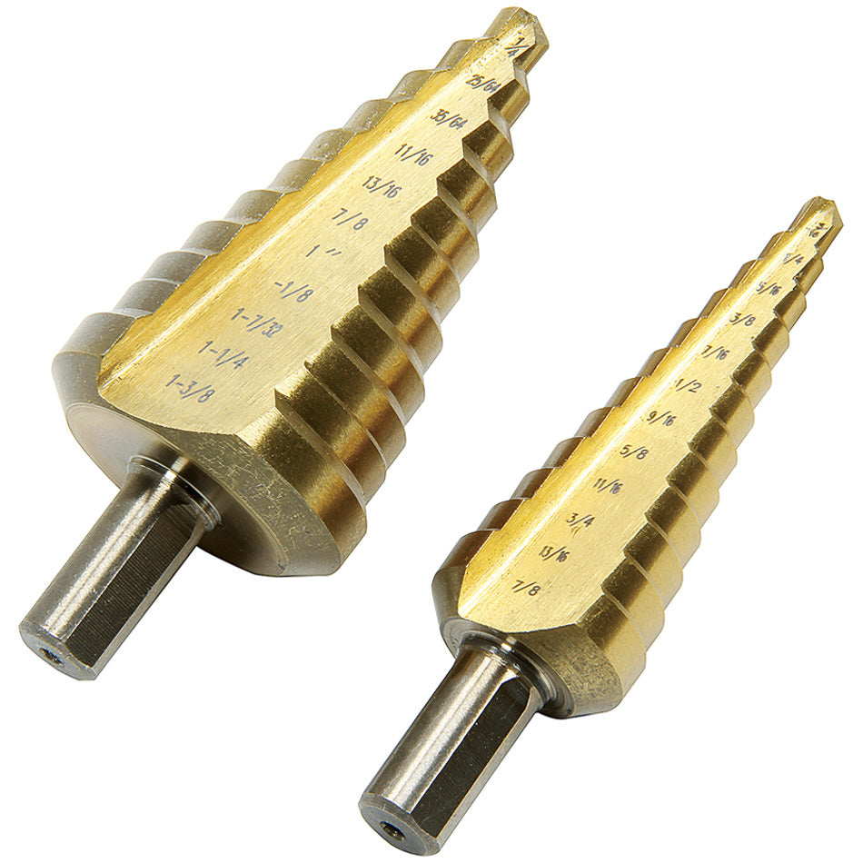 Drill Bit Step 2 peice set 3/16 to 7/8 in, 1/4 to 1-3/8, 1/4 in Hex Shank Titanium Coated