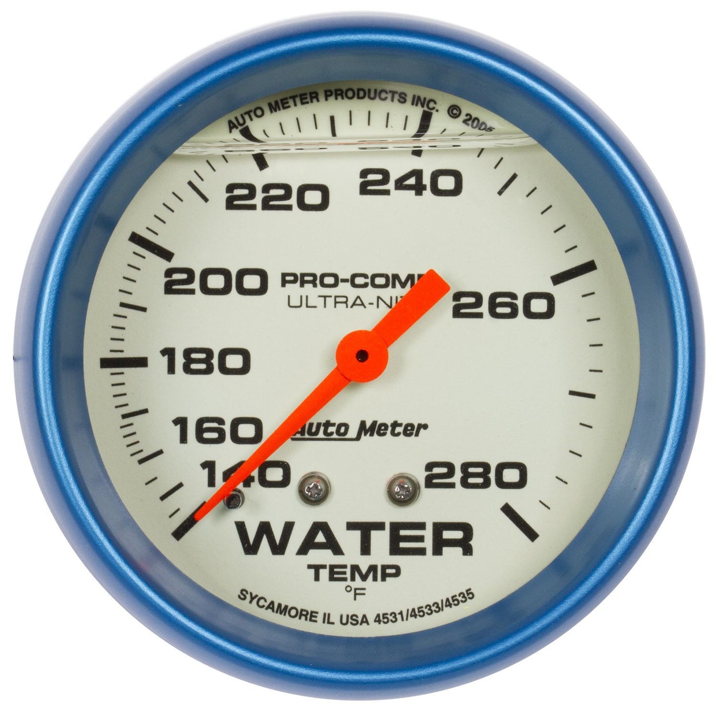 Water Temperature Gauge Ultra-Nite 140-280 Degree F Mechanical 2-5/8 in Liquid Filled White Face