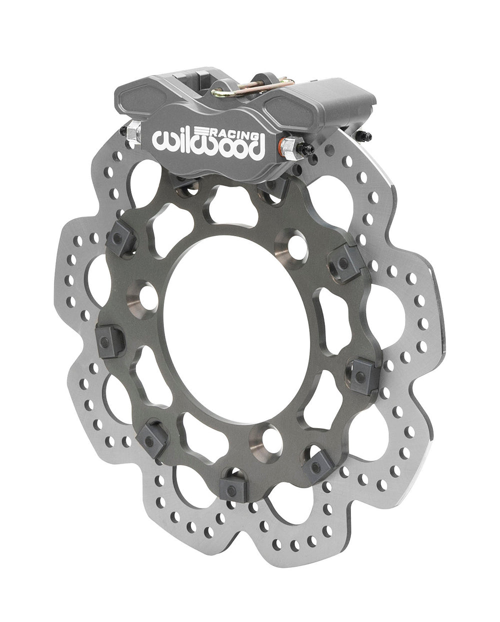 Brake System GP320 Front 4 Piston Caliper 10.500 in Drilled Scalloped Steel Rotor Sprint Car Spindle Kit