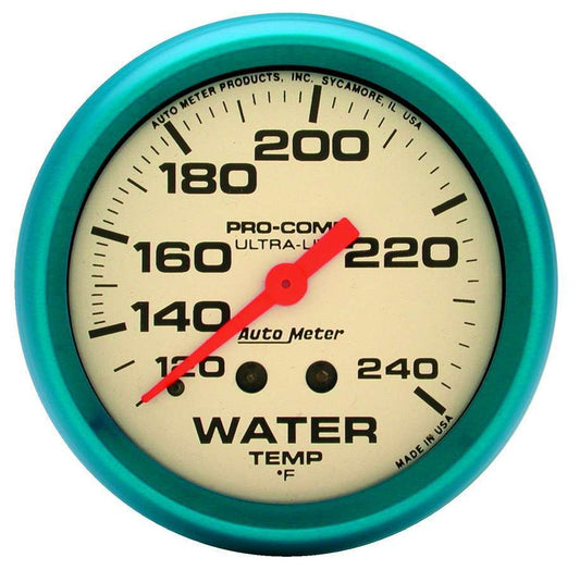 Water Temperature Gauge, Ultra-Nite, 120-240 Degree F, Mechanical, Analog, Full Sweep, 2-5/8 in Diameter, White Face, Each