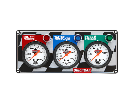 Gauge Panel Assembly, Fuel Pressure/ Oil Pressure/ Water Temperature, 2-5/8in Diameter, Silver Face, Warning Lights